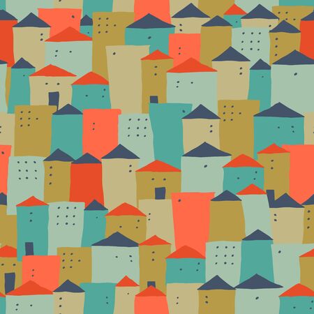 Seamless pattern with tiny houses in colorful hand-drawn design and Scandinavian style. Vector background with the cute city for fabric and textiles.のイラスト素材