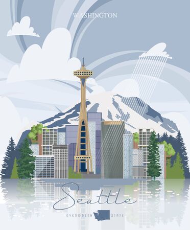 Seattle vector panorama. State Washington. American cityのイラスト素材