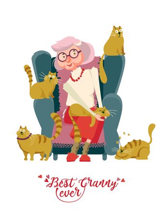 Cute grandma on vector greeting card with label best granny everのイラスト素材