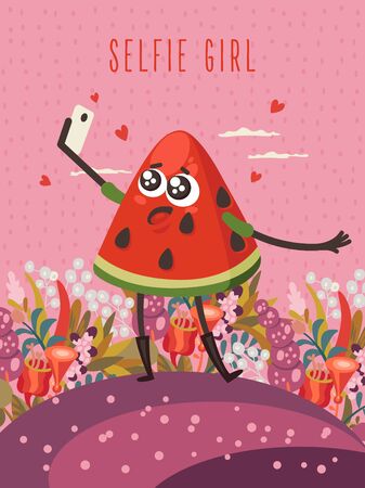 Selfie girl as a cute watermelonのイラスト素材