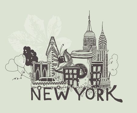 Vector illustration of New York attractions in black and white colorsのイラスト素材