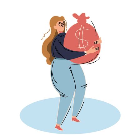 Woman is carrying on a bag of money. Business vector illustration with working person. Modern flat light styleのイラスト素材