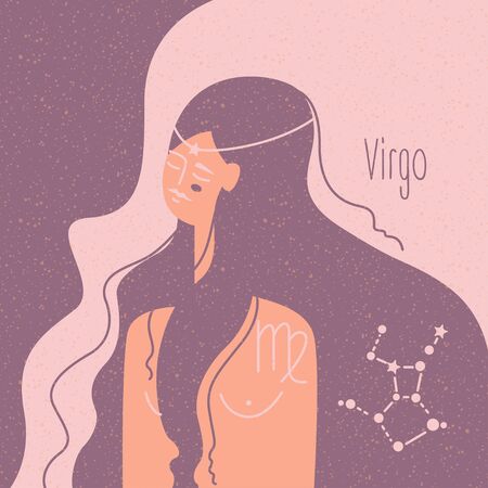 Zodiac esoteric vector sign Virgo with tender mystic woman in a pink palette. Modern creative designのイラスト素材