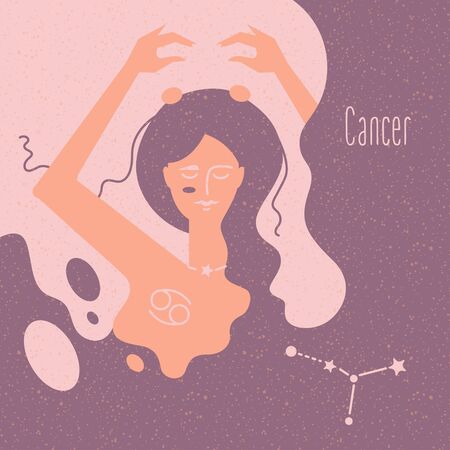 Zodiac esoteric vector sign Cancer with tender mystic woman in a pink palette. Modern creative designのイラスト素材