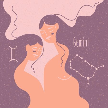 Zodiac esoteric vector sign Gemini with tender mystic woman in a pink palette. Modern creative designのイラスト素材