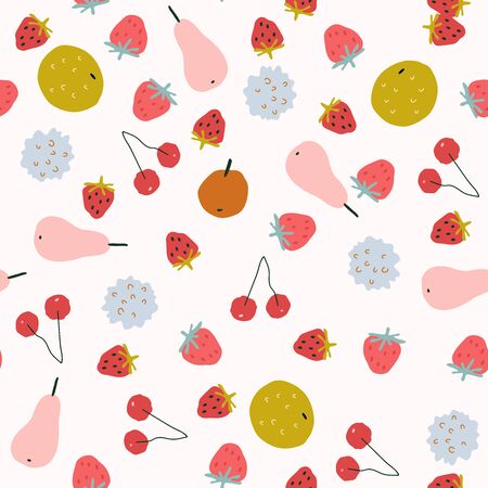 Seamless pattern with cute fruit in hand-drawn childish styleのイラスト素材