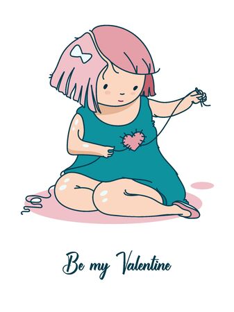 Be my Valentine. Greeting card to Valentines Day with cute little girl with heartのイラスト素材