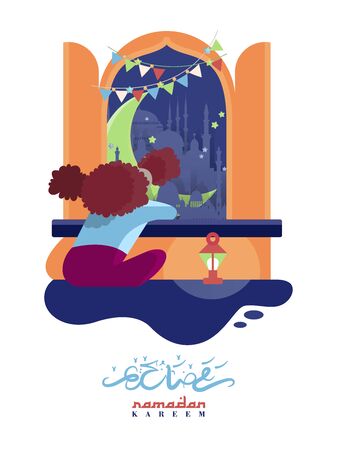 Colorful vector with text in Arabic Ramadan Kareem - Blessed and happy Ramadanのイラスト素材