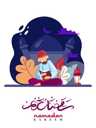 Colorful vector with text in Arabic Ramadan Kareem - Blessed and happy Ramadanのイラスト素材