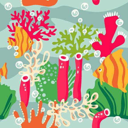 Marine seamless pattern with corals, seaweeds, and tropical fishes. Vector illustrationのイラスト素材
