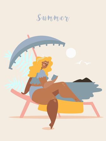 Girl is sunbathing on a beach bench and reading a book under umbrellaのイラスト素材