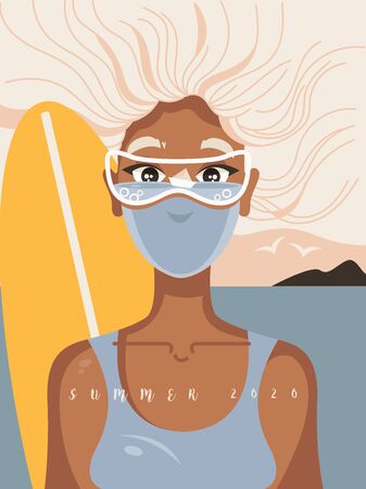Summer relax with protection against COVID-19. Summertime during coronavirus pandemicのイラスト素材
