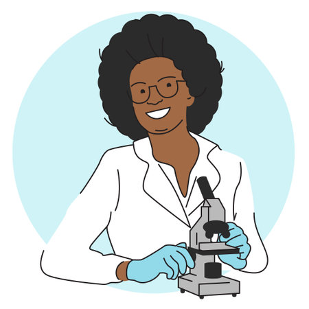 Vector illustration of a black female scientist working with a microscope in a laboratoryのイラスト素材