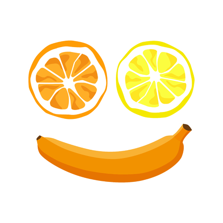Vector fruit slices isolated on white background. Funny smile. Vector illustrationのイラスト素材