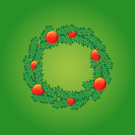 Christmas fir wreath background, realistic look, with balls decorationsのイラスト素材