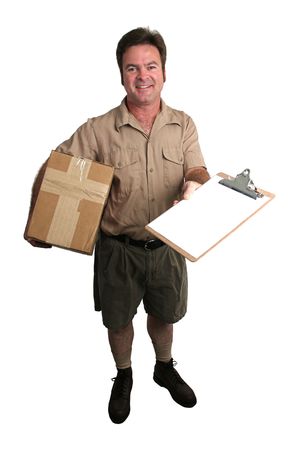 a courier delivering a package and holding out a clipboard for a signature - isolatedの写真素材