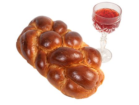 Challah bread and wine for Shabbat, isolated.の写真素材