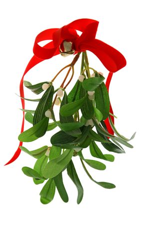Christmas mistletoe with a red bow and a bell, isolated against a white background.の写真素材