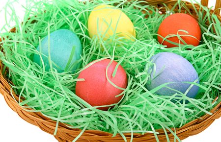 A closeup of easter eggs in an easter basket.の写真素材