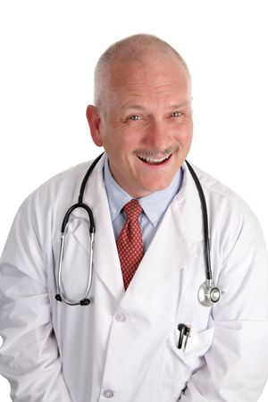 A fun, happy doctor with a big smile, isolated on white.の写真素材