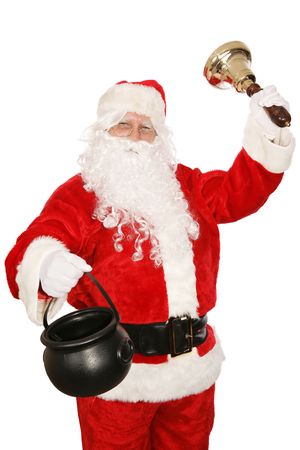 Santa Claus volunteers collecting money for his favorite charity.  Isolated on white.  の写真素材