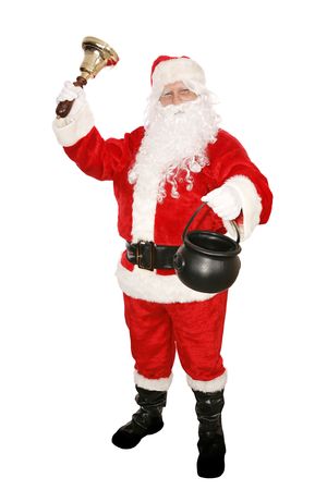 Santa Claus ringing a bell and collecting money for his favorite charity.  Isolated on white.  の写真素材