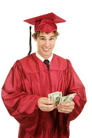 Handsome graduate counting a stack of money.  Isolated on white.の写真素材