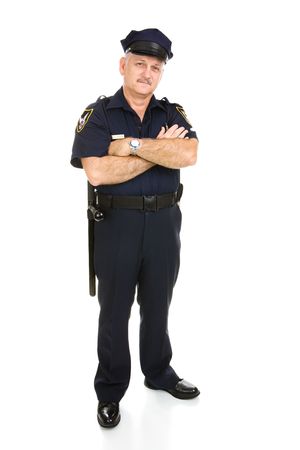 Handsome mature policeman in uniform.  Full body isolated on white.   (badge and patches are generic, not trademarked)の写真素材