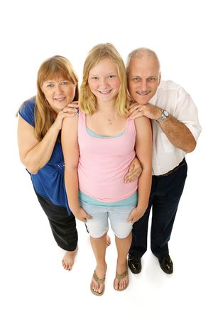 Blond blue eyed family - father, mother, and teen daughter.  Full body isolated on white.  