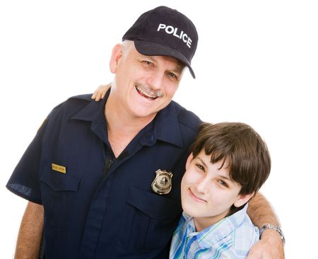 Friendly police officer and an adolescent boy.  Isolated on white.  の写真素材
