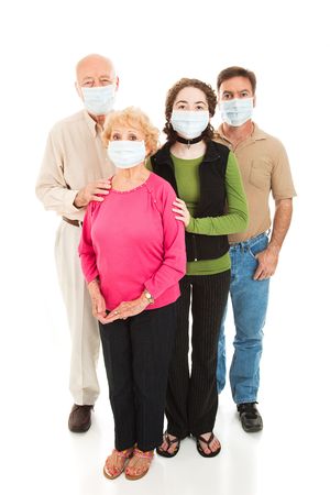 Family worried about a health epidemic.  Full body isolated on white.  