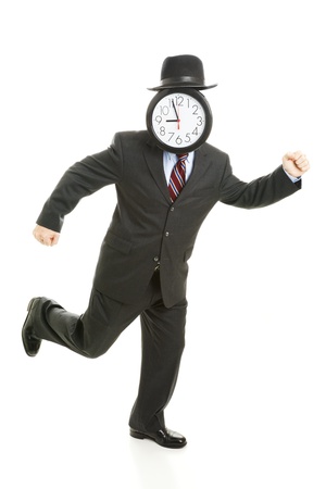 Faceless businessman running late for work.  His face is a clock that reads 8:55 am.  Full body isolated on white.  の写真素材