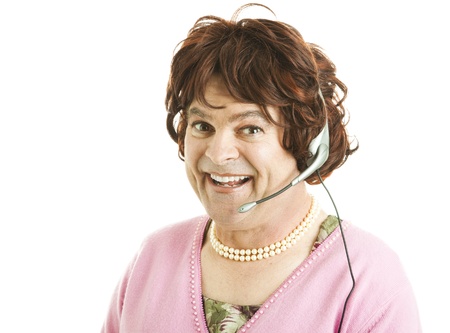Humorous image of a customer service worker who is really a man pretending to be a woman.  Isolated on white.  の写真素材