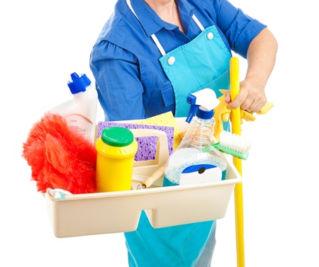 Maid holding cleaning supplies.  White background.  の写真素材