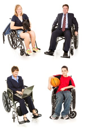 Collection of disabled people in wheelchairs, man, woman, teen boy, and teenage girl.  All full body isolated on white.  の写真素材