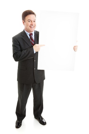 Businessman holding blank white sign.  Ready for your text.  Full body isolated on white.  の写真素材