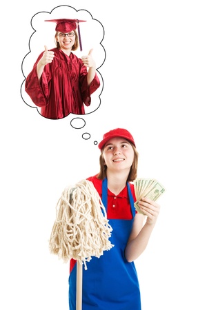 Teenage girl works manual labor job to save money for college.  Isolated on white.  の写真素材