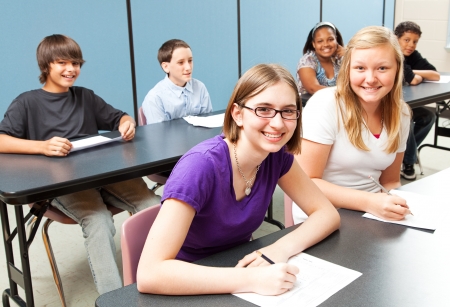 Six adolescent school children sitting at tables in class.