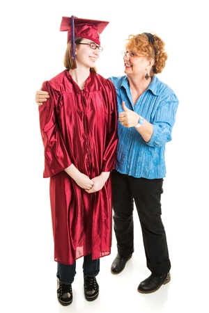 Proud mother giving her daughter a thumbs up on the day of her graduation.  Full body Isolated on white.  の写真素材