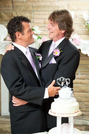 Handsome Gay couple embracing at their wedding reception    の写真素材