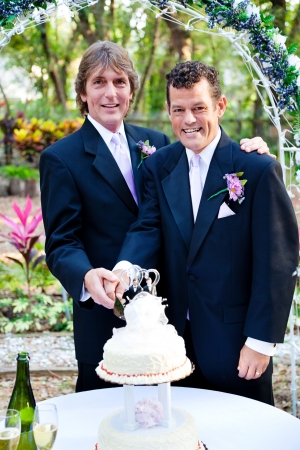 Handsome gay couple cutting the cake at their wedding reception.  の写真素材
