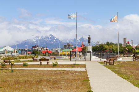 Park with Andes mountains in background, Ushuaia, Argentinaの写真素材