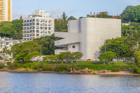Guaiba lake beach with buildings and trees, Porto Alegre, Rio Grande do Sul, Brazilの写真素材