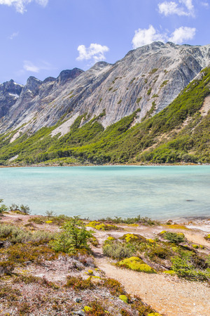 Laguna Esmeralda trail with  mountains and vegetation, Ushuaia, Patagonia, Argentinaの写真素材
