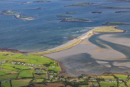 Westport bay and islands with farms and beaches taken from Croagh Patrick mountain, Westport,...