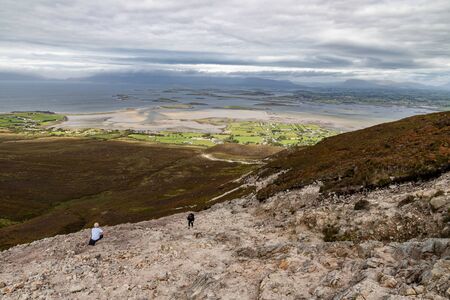 Westport bay and islands with farms and beaches taken from Croagh Patrick mountain, Westport, Irelandの写真素材