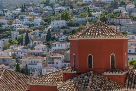 City view with church and Traditional buildings in Hydra Island, Greeceの写真素材