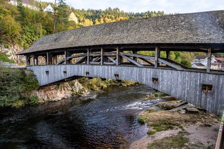 Wood bridge in Forbach village, Germanyの写真素材