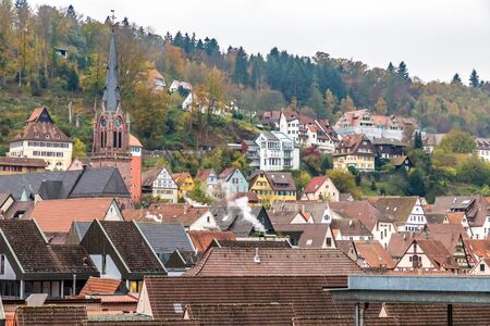 Church  and houses in Calw village, Germanyの写真素材