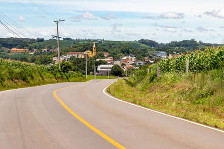 Road, village and plantation, Pinto Bandeira, Rio Grande do Sul, Brazilの写真素材